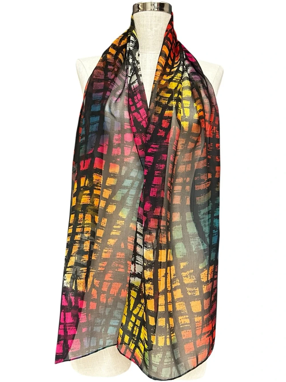 Abstract Multicolor Sheer Scarf Long Oblong Wrap Rainbow Colors